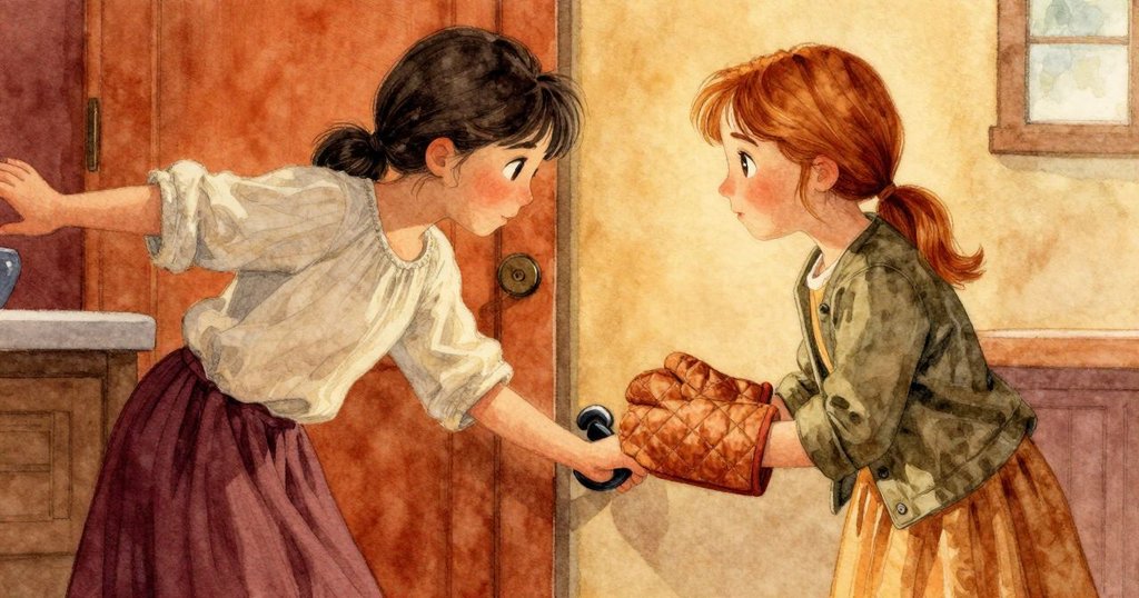 Keira帶著拼布隔熱手套進入房間, 輕巧放置於曲柄上, 與Tatiana協同操作, 動態桌面背景呈現溫馨氣氛。