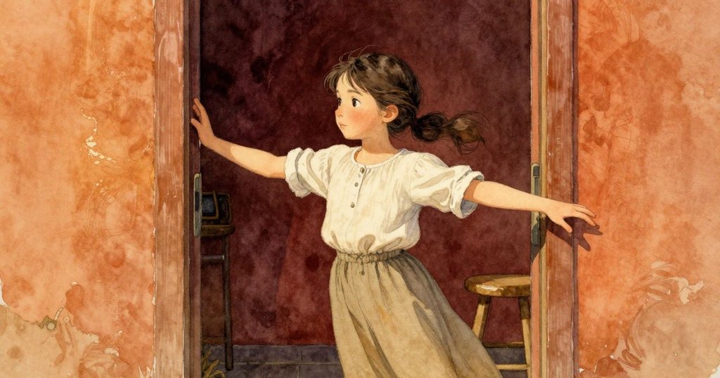 Tatiana站在半敞門口, 袖口因微風吹拂輕輕擺動, 旁邊空椅子彰顯過渡氛圍, 光線柔和溫暖。