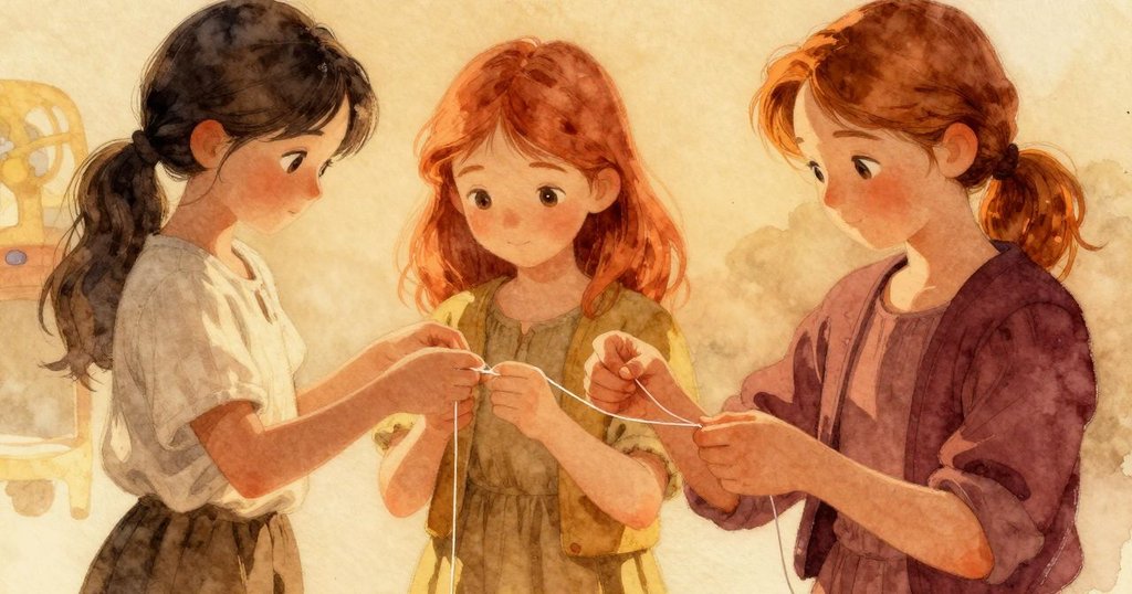 Tatiana與Keira雙手交疊特寫, 共同調整絲線鬆弛處, 臉上流露專注與合作的神情, 營造緊張氣氛。