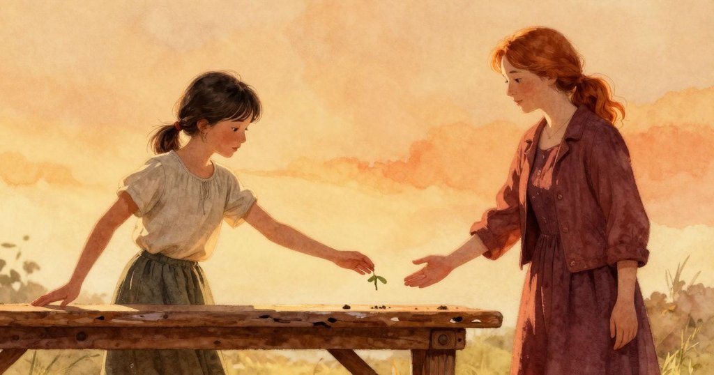 Tatiana與Keira在溫暖室內, 互遞撥料棒, 靜觀桌上兩處凹痕, 表情溫柔展現協作精神, 結局充滿平和。