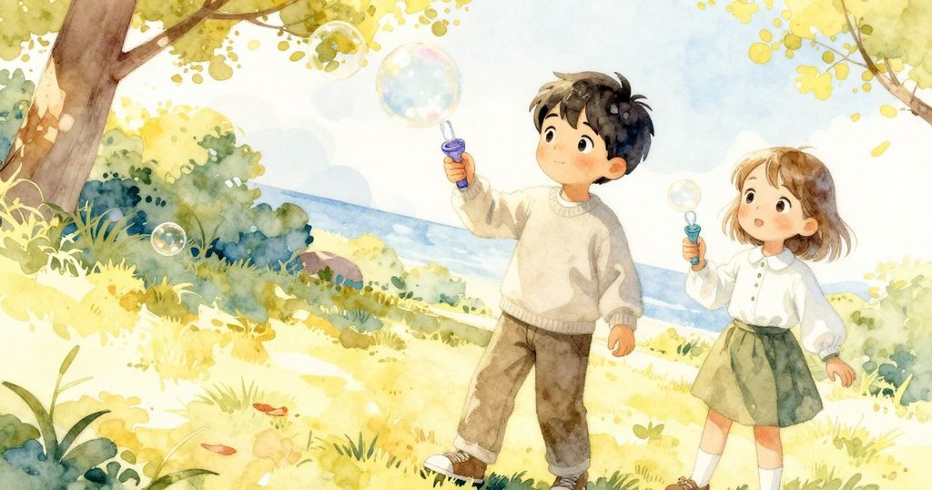 在戶外公園中，男孩操作泡泡環，女孩在旁邊嬉戲，背景有長椅和柔和陽光，充滿期待與好奇。
