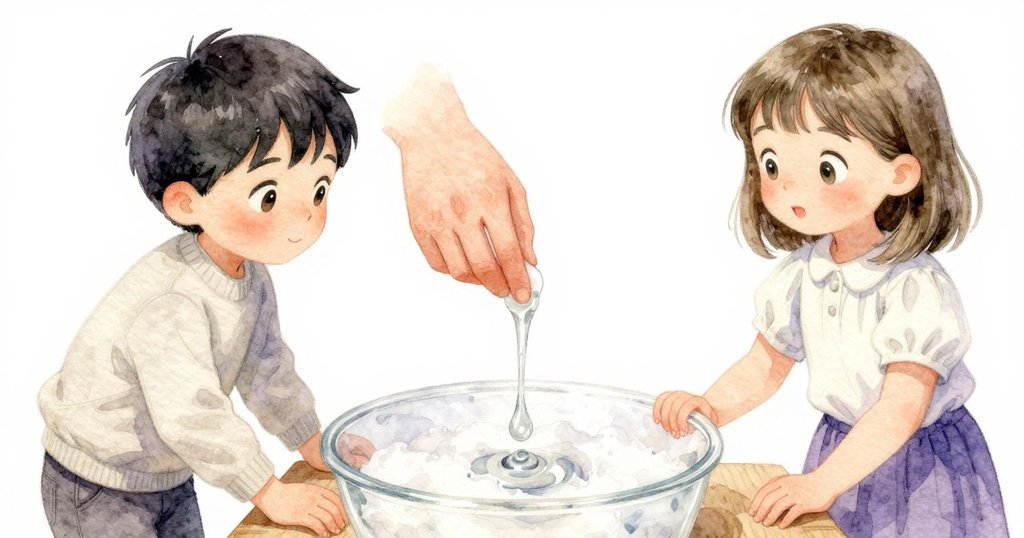 男孩的手輕輕添加甘油，近景展現透明液帶在泡泡水上跳動，細膩描繪出木質長椅吸收水珠的質感。