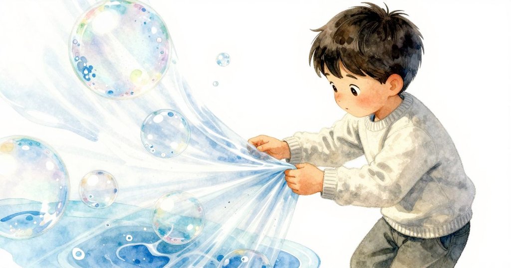從高處俯視，男孩專注凝望泡泡液崩解，展現出他內心的脆弱與對流動瞬間的沉思。