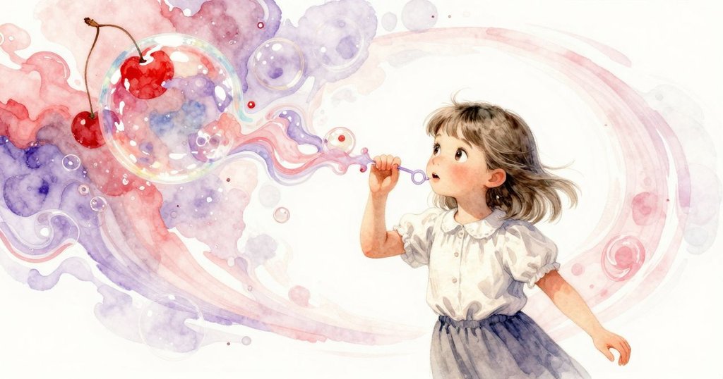 女孩靜立於旁，目光中透露出夢幻般的色彩交織，真實與幻想在泡泡液中交融，場景充滿魔幻氣息。