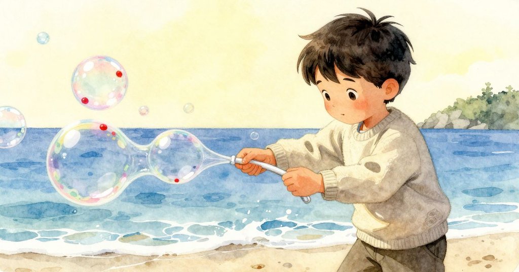 男孩緩緩放下泡泡環，專注調整動作來應對越來越濃稠的泡泡液，整個場景透露出堅持與微妙抗衡的情感。