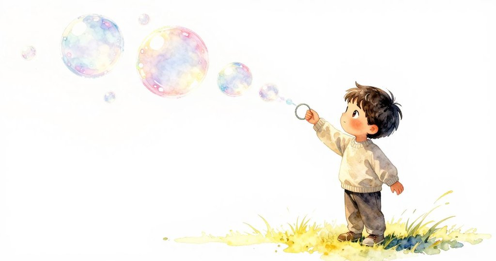 男孩在夕陽下輕輕釋放泡泡，彩色泡泡緩緩飄向樹枝，水面殘留光環映襯出平靜而溫暖的結局。