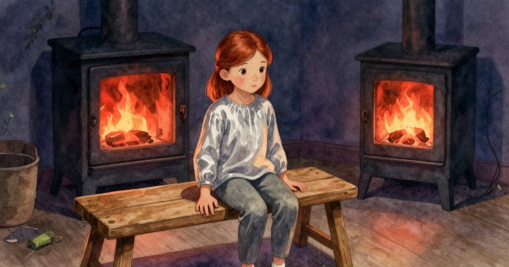 艾斯米在溫暖工作室中輕觸木板,神情平和,背景展示爐火與柔和燈光,營造舒緩氛圍