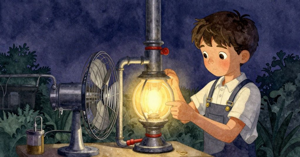 達希爾在工作室內操作發光管道,旁邊風扇有節奏吹動,天花板上滴水構成明顯對比,氛圍專注