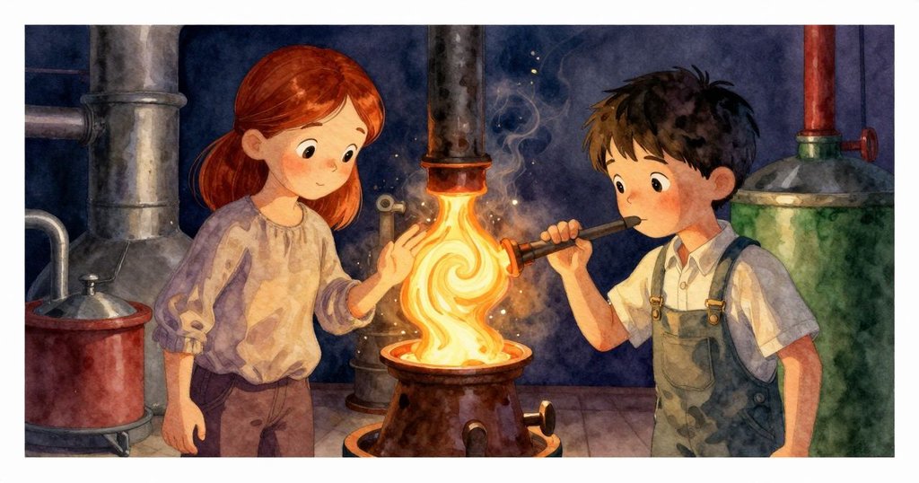 熔融物質在管上如蜂蜜般旋轉,角度傾斜顯現動感,光影流轉呈現熱與冷交織之美