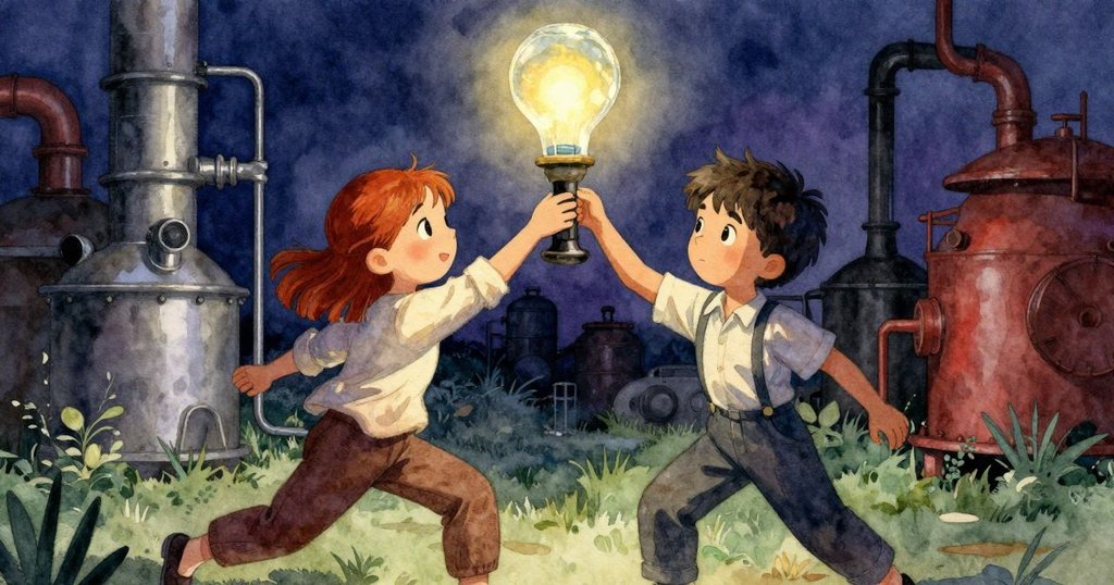 艾斯米與達希爾急速合作舉起發光管道,玻璃因重力延展,蒸汽繚繞中展現緊張協調