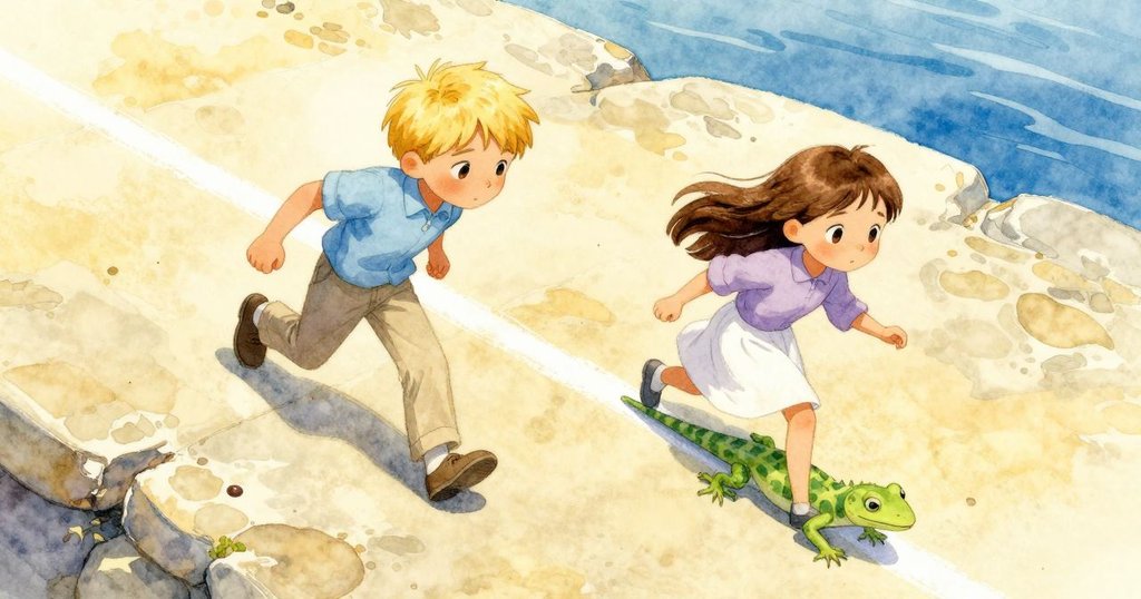 艾米爾在石板上小心調整姿勢,Cleo遙望記錄,蜥蜴迅速穿越石面,陽光普照,天空浮動著輕柔雲彩。