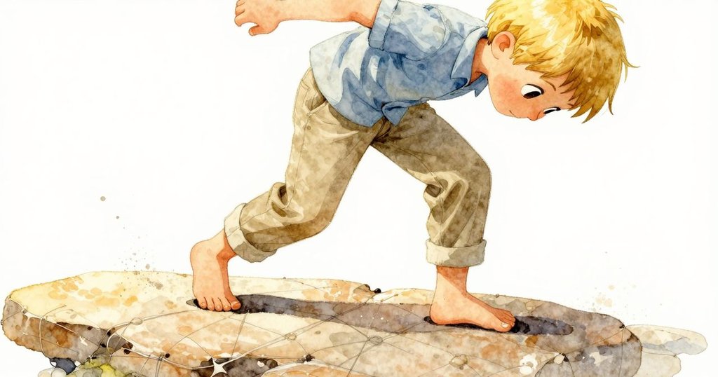 艾米爾專注調整腳步,小心踩在充滿質感的暖色石板上,細緻觀察腳邊顫動的細線與落塵。