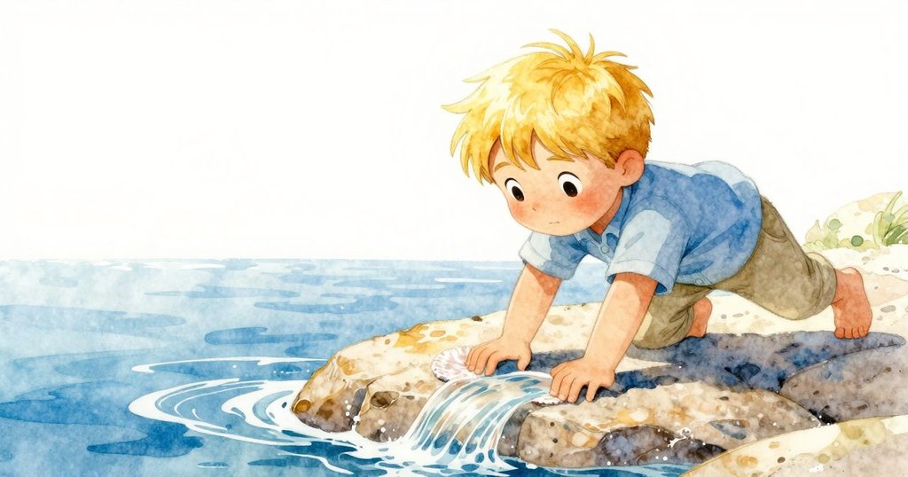 艾米爾輕傾瓶子讓透明水絲順著石板流動,細膩顯露出隱藏於落塵下的貝殼弧線,光影交織。