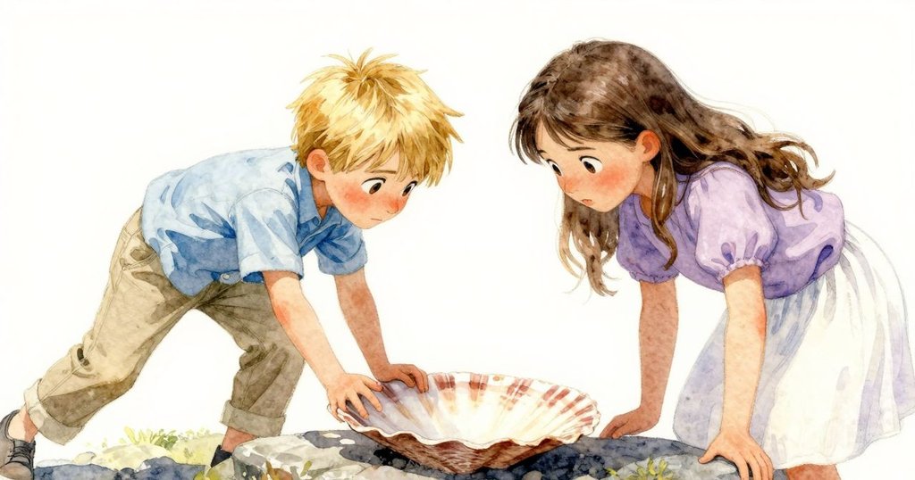 艾米爾與Cleo齊心注視石板上光亮的貝殼邊緣,內心掙扎與決心交織,神態專注沉思。