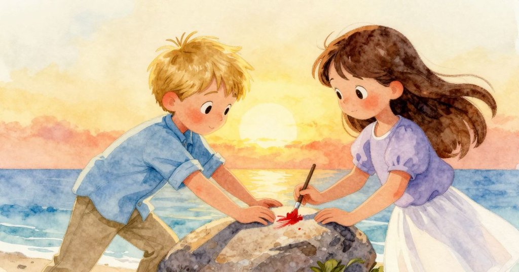 夕陽下,艾米爾穩健地揮動畫筆修整石板,Cleo靜靜注視,溫暖光暈中展現希望與平靜。