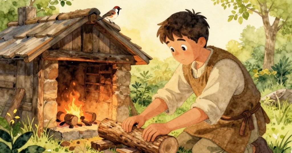 在溫暖的晨光下,Zephyr在古樸窯棚外擺放原木,屋簷上有一隻麻雀靜靜棲息,場景展現質樸與和諧