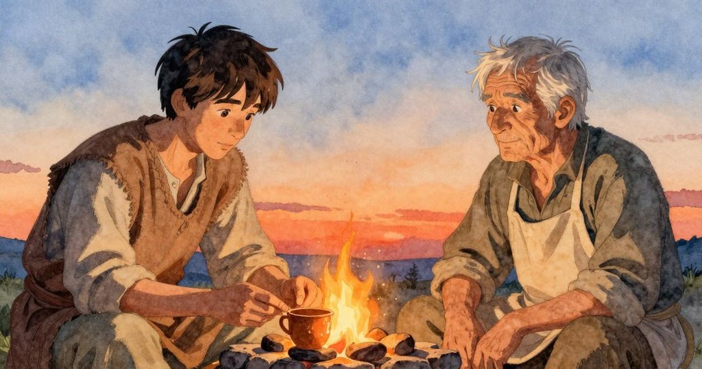 室內窯棚中,濕潤的陶杯和發光的石塊並列展示,火光與藍灰陰影交織,呈現出轉化過程的神奇