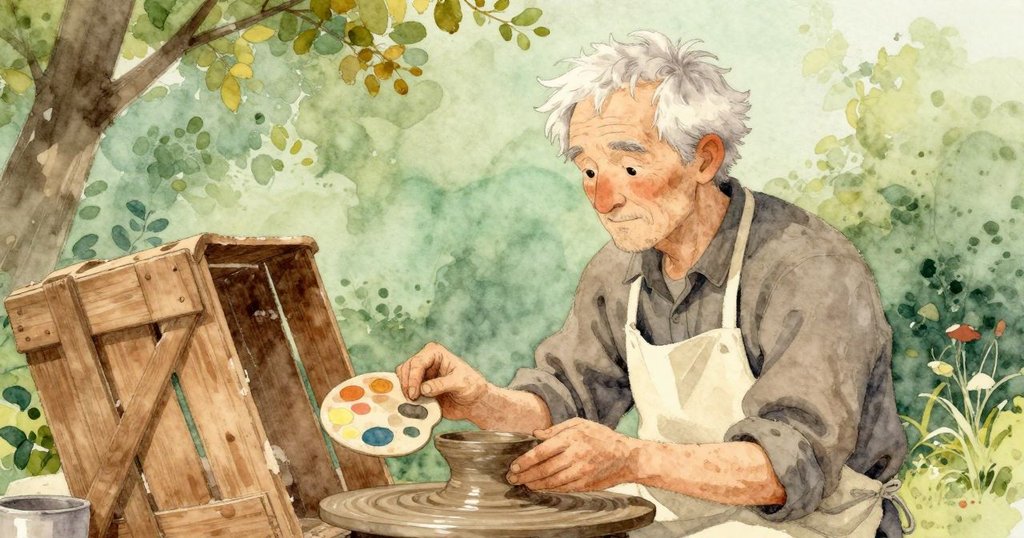 在貨倉門口,年長的陶工平靜地檢視翻倒的木箱與托盤,輕風吹動落葉,營造出舒緩季節感