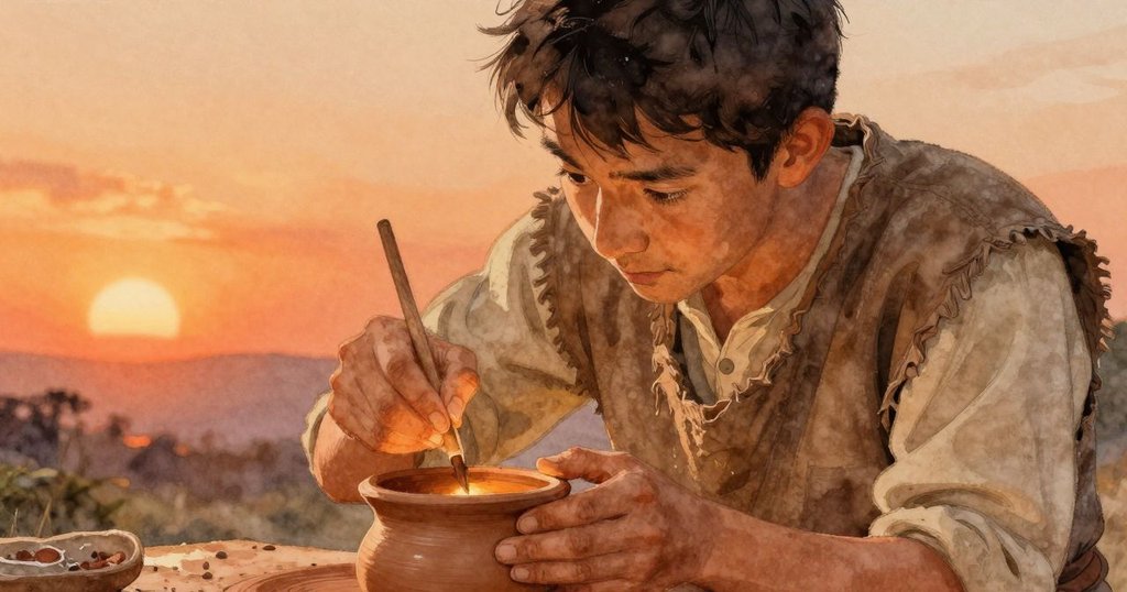 在窯棚內,Zephyr專注地在陶杯上刻畫新螺旋,他的表情充滿決心,溫暖的窯火光環繞著他專注工作的手部細節