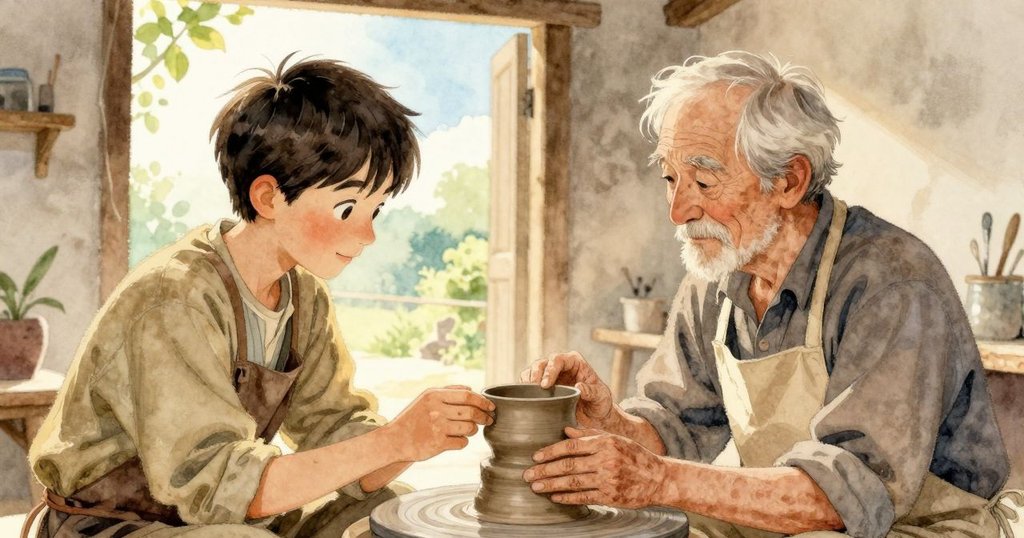 在窯棚與貨倉交界處,Zephyr和年長陶工互相點頭示意,共享對陶藝的熱忱,手中精製的陶杯充滿象徵意義