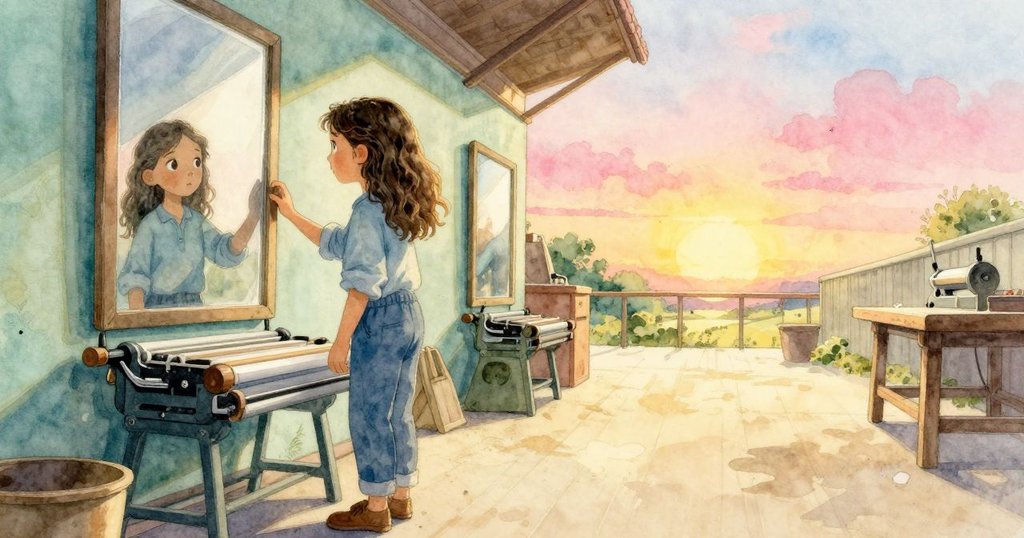 奧倫站在車間走廊，透過大鏡子看自己和印刷機運作，神情堅定期待，場景溫暖開放。