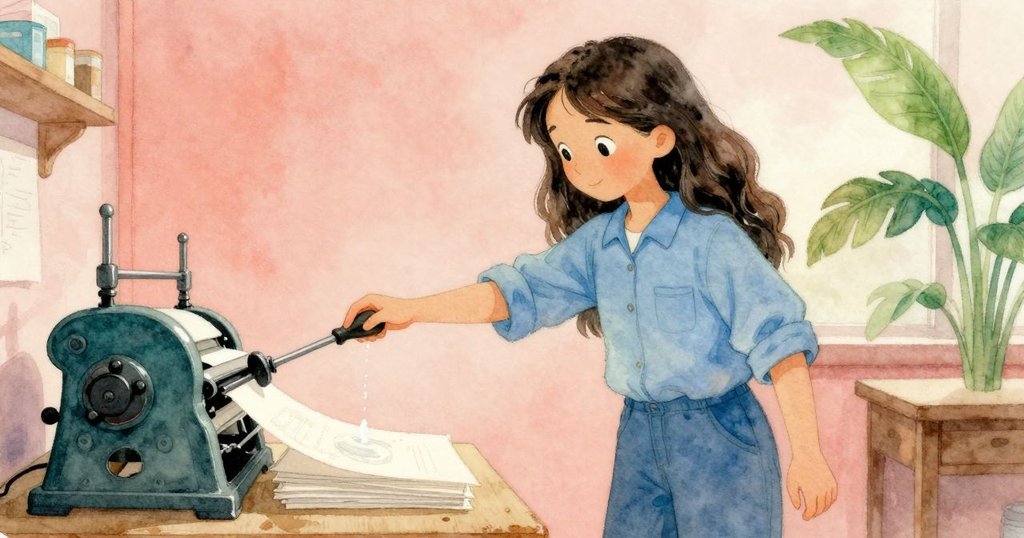 奧倫凝視濕潤紙堆旁每秒滴落的水珠，與運作印刷機形成鮮明對比，展現溫暖好奇心。