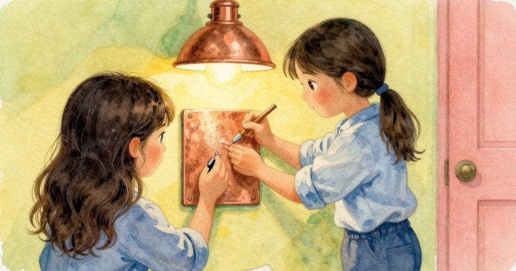 從奧倫背後觀察，她小心翼翼地將銅版放置於燈光下並以刻刀劃過蠟層，動作專注細膩。