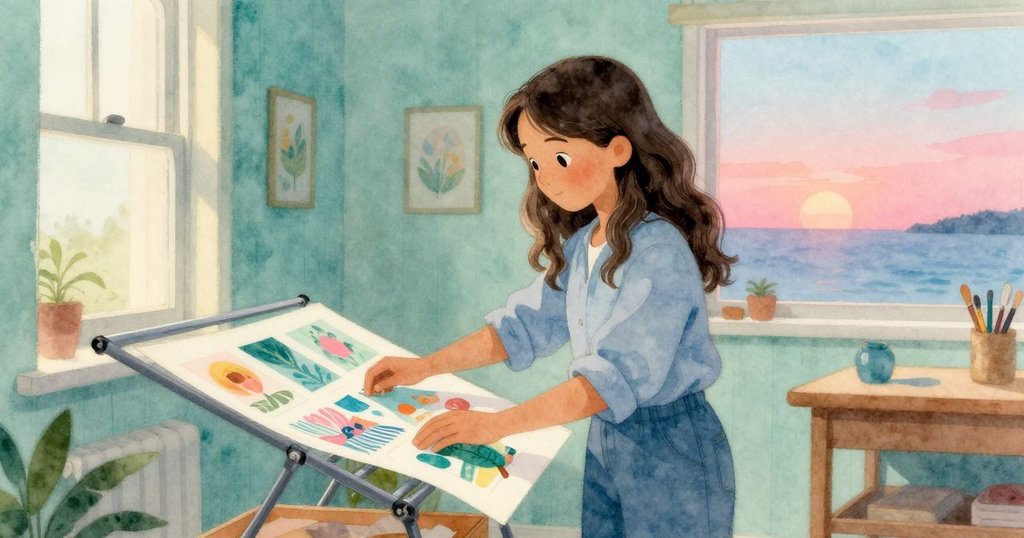 奧倫在車間一角將新印刷的紙張小心放置於晾曬架上，周圍散發著柔和溫暖光芒。