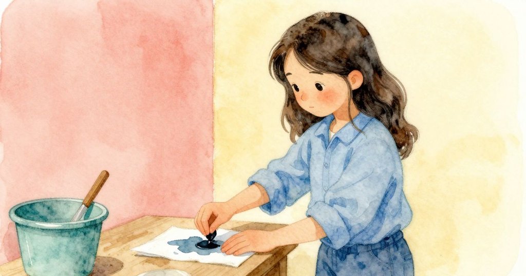 奧倫在安靜的車間角落輕輕擦拭手上墨跡，面露寧靜滿足，場景表現創作後的平和與溫馨。