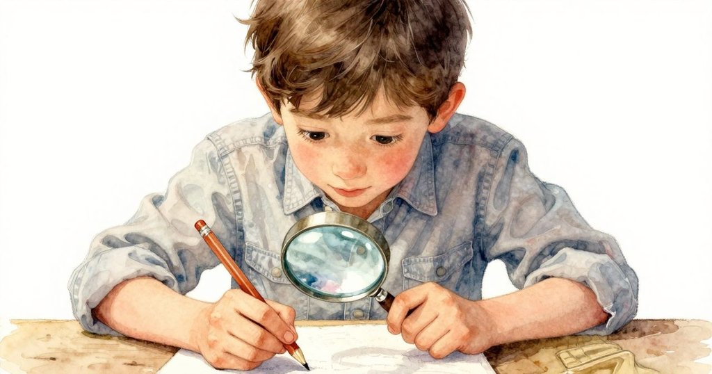 邁爾斯的手細心操作鉛筆，靠近紙上痕跡與放大鏡，展現出探索細膩質感的動作