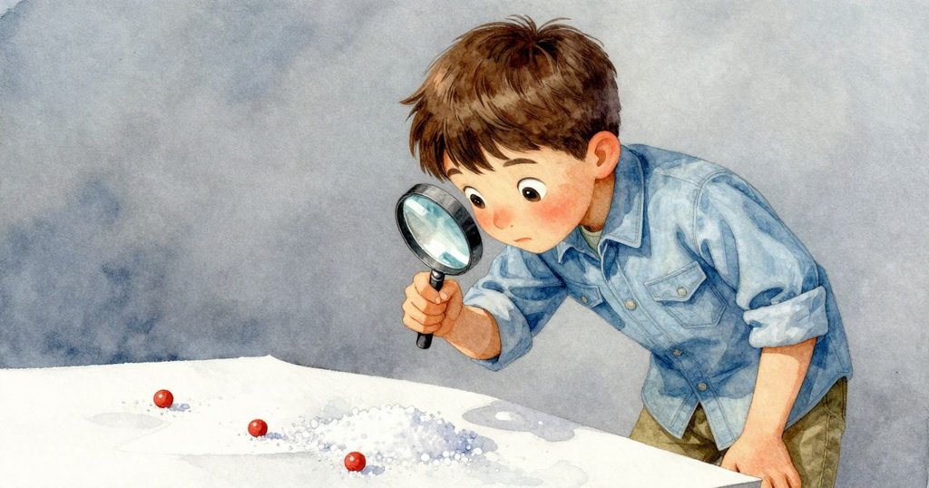 透過放大鏡看見紙上組成鏈狀的鹽晶，旁邊擺放著鉛筆與標本盤，層次豐富細節分明