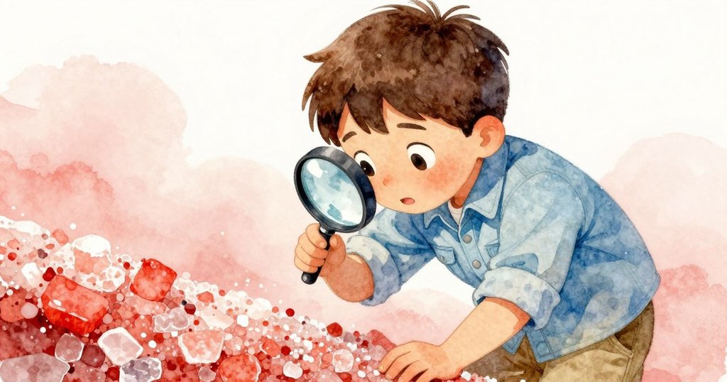 邁爾斯驚喜地發現閃爍的鹽晶連鎖，眼神中充滿驚奇與興奮，背景中工具若隱若現