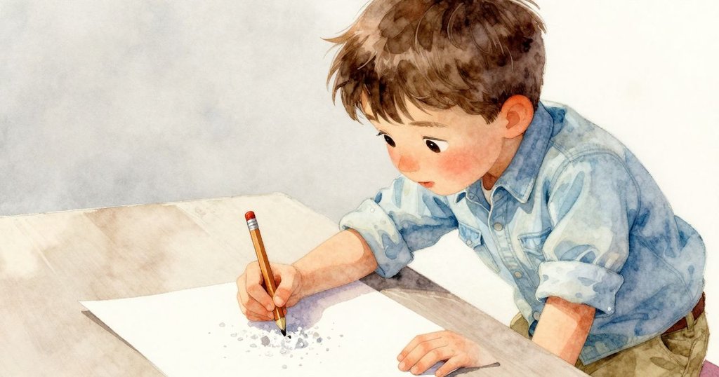 邁爾斯將鉛筆殘骸輕置於鹽晶旁，神情平靜，手中輕握著證據，書房彌漫著寧靜解決感