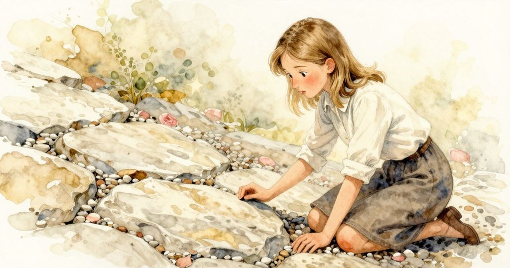 艾達蹲下輕觸邊石陰影中的細縫，鏡頭呈現扭曲視角，展現砂礫細緻紋理與探索的神情