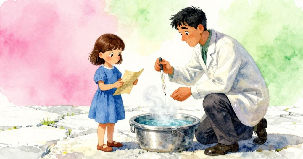內爾平衡筆記本,觀察亨里克在蒸氣環繞的池邊測溫,背景自然岩石與微光交融,神情專注