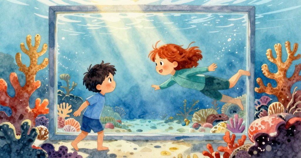 昆恩注視玻璃觀景窗，西爾薇在旁協同，陽光灑落水下珊瑚礁，充滿驚奇與期待展開冒險