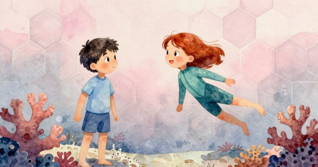 古老瓷磚靜臥於珊瑚中，邊緣斑駁呈八面形，柔和光線中歷史感悄然流露