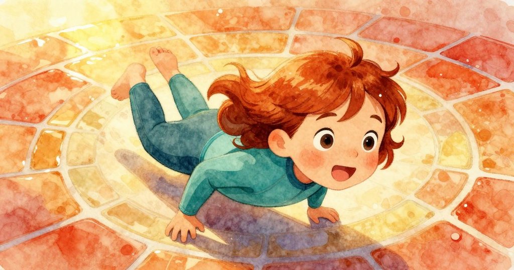 西爾薇輕傾觀景窗，瓷磚下隱藏光澤閃耀同心圓，陽光映襯下充滿驚奇與發現