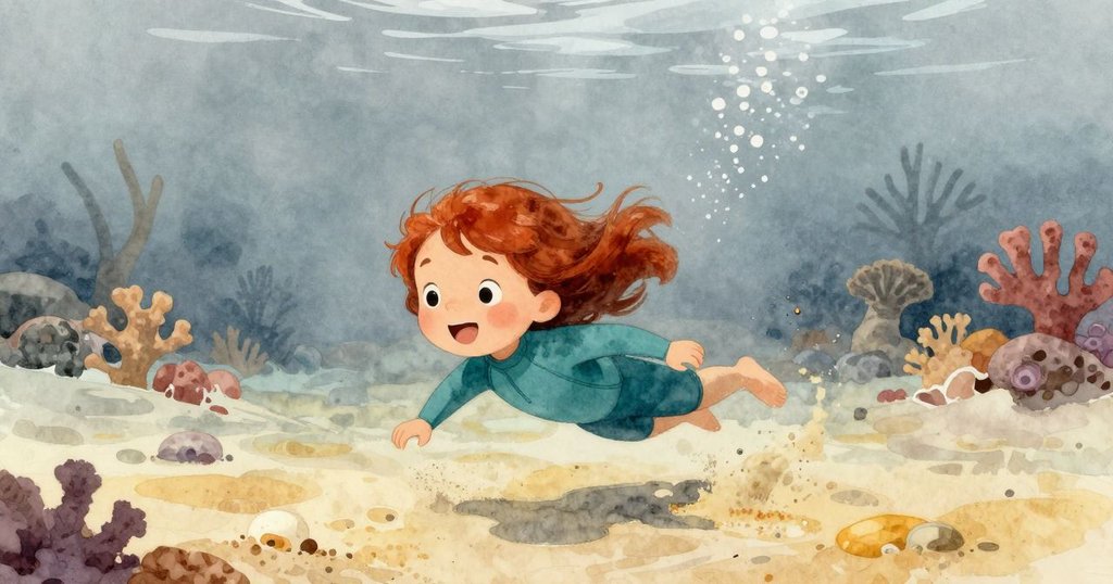 西爾薇在水中緩步前行，輕攪沙粒形成微小雲霧，珊瑚庭院環繞中流露探索欣喜