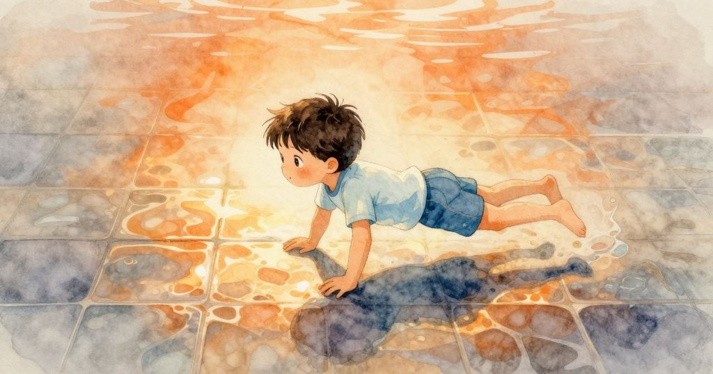 昆恩細心歸位瓷磚，讓光澤面迎向陽光，海底散發琥珀閃光，呈現平和且思索的結局