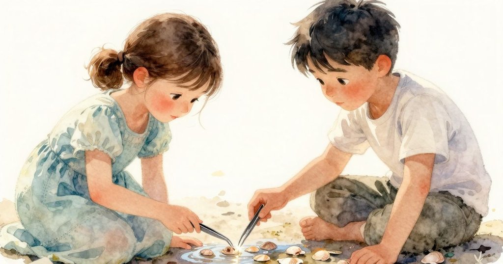 格里爾小心地用鑷子排列貝殼，特寫展示潮池水面反光，雙手動作細膩，情感專注於細節