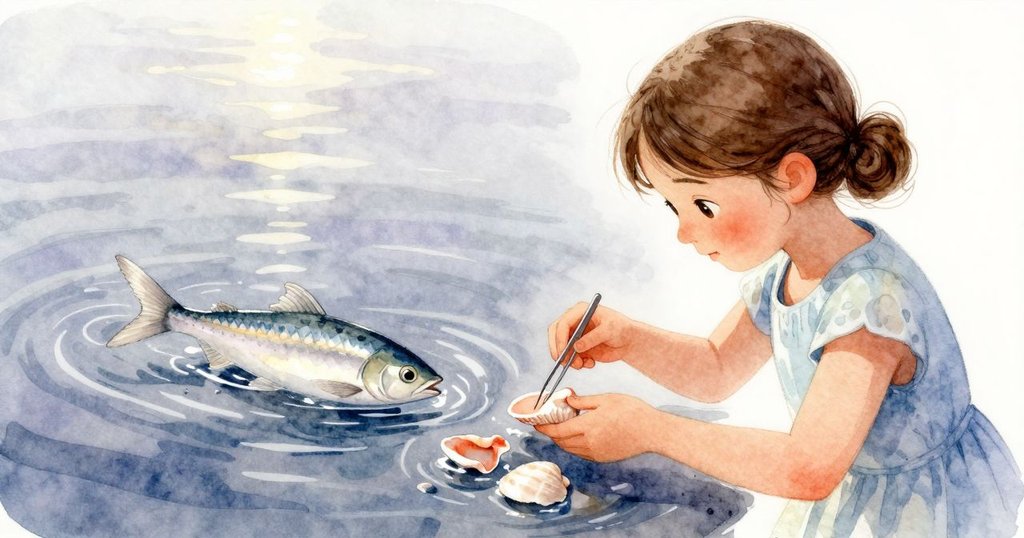 左邊格里爾專注安置貝殼，右邊小魚迅速穿梭水面，銀光閃耀，畫面分裂展現動靜結合