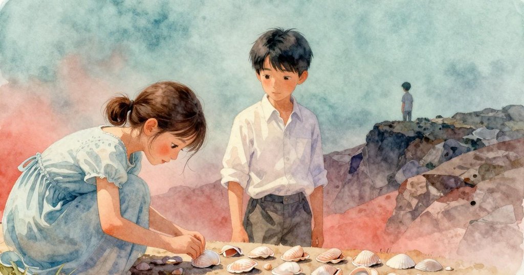 格里爾重新檢視排列整齊的貝殼，遠處岩石上拉法埃爾剪影出現，光線轉換呈現回憶與當下交織