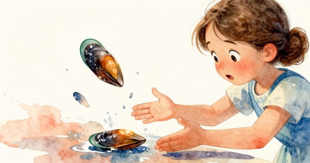 格里爾驚訝地看著書本上滑動的碎片和落下的淡貝，急促瞬間定格，自然與精細工作交匯