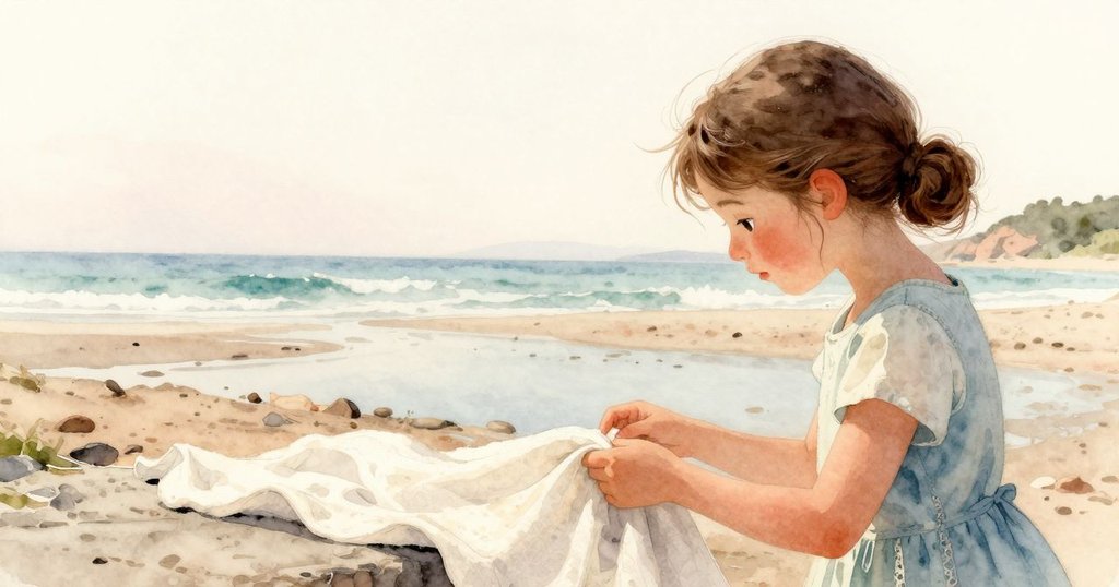 格里爾退後觀察潮池邊的亞麻布條，海水緩緩回流，整體背景展現廣闊海岸，情緒由忙碌轉向沉思