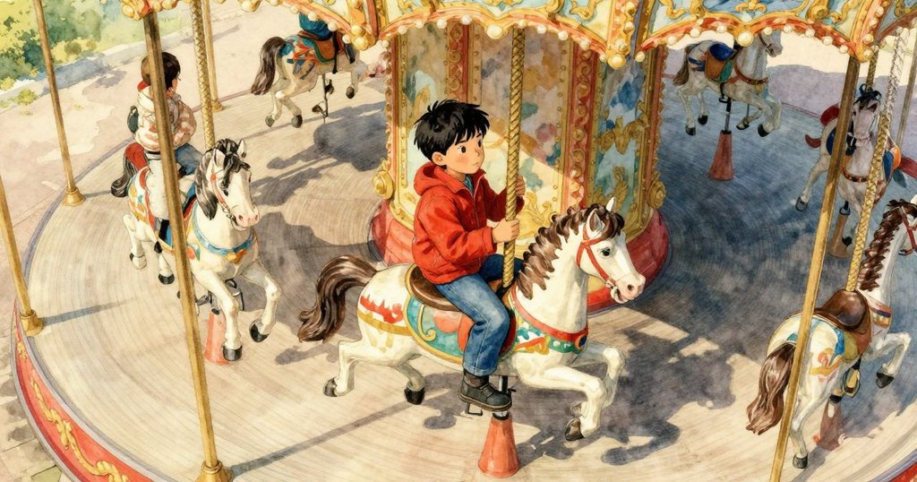 拉斐爾騎在彩繪木馬上，旋轉木馬中展現獨特銅柱與塵環，場景從上空俯瞰，充滿神秘與動感
