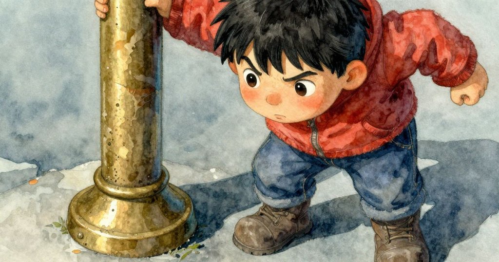 銅柱細節特寫，底部塵環與破損油漆條紋清晰可見，綠色痕跡隱約展現，散發神秘質感