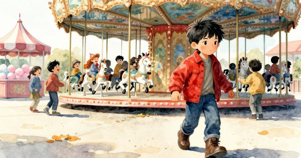 秋日溫暖光線下，拉斐爾離開旋轉木馬邊緣，小孩在棉花糖攤位旁歡笑，整體氛圍節慶熱鬧
