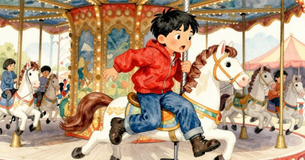 拉斐爾在旋轉木馬上發生意外，衣袖勾住木馬耳朵瞬間驚訝表情流露，動態氛圍明顯