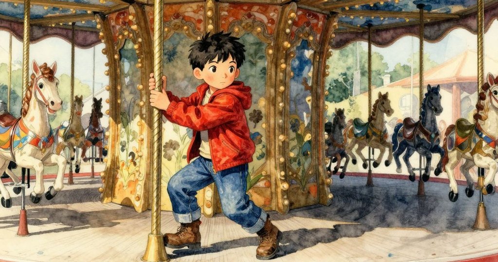 拉斐爾在旋轉木馬漸止中，輕撫銅柱，擦去新塵，臉上流露沉靜反思，場景終迎平和收尾